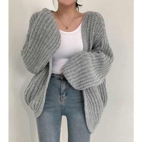 Autumn Lazy Loose Casual Solid V Neck Lantern Sleeve Knitted Sweater Wild Long Sleeve Oversize Cardigan Coat Retro Sueters Mujer