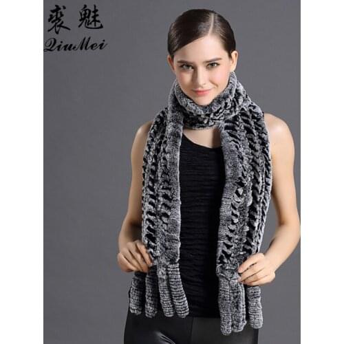 QiuMei Russian Women Scarf Real Rex Rabbit Fur Scarves Girls Casual Knitted Genuine Rabbit Fur Winter Scarves&Shawls With Tassel