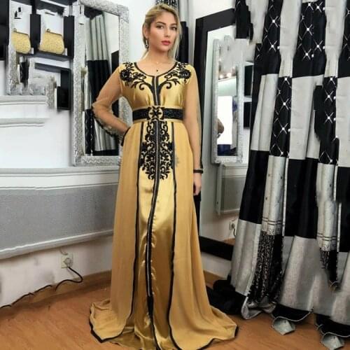 Gold Moroccan Kaftan Caftan Muslim Evening Dresses A-line Long Sleeves Chiffon Appliques Dubai Arabic Turkey Abaya Islamic Gown