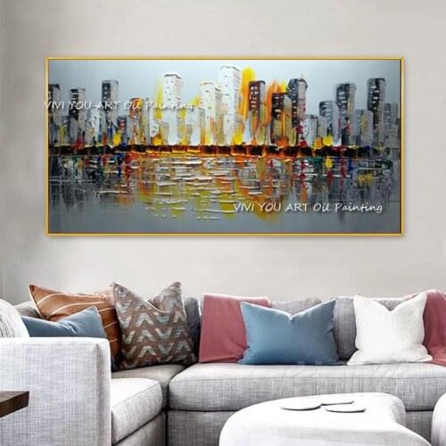 100% Hand Painted City Architecture Abstract City Building Oil Paintings Canvas Wall Art Pictures For Living Room Decoration
