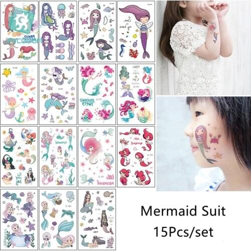 15Pcs/Set Lovely Mermaid Water Transfer Waterproof Temporary Tattoo Stickers For Kids Children Girl Gift Fake Tattoos