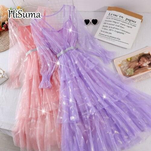 2021 summer new women V-neck puff sleeve ruffles gauze dress female Chic elegant mesh tiered dresses