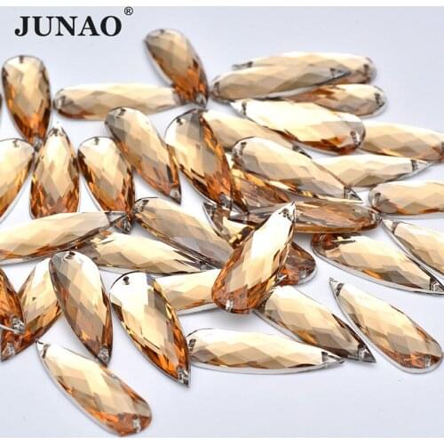 JUNAO 10*30mm 20Pcs Champagne Color Sewing Teardrop Rhinestone Appliques Flat Back Acrylic Gems Sewn Crystal Stones for Clothes