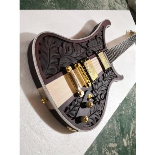 Free shipping custom 6 string electric guitar,brown ASH wood body,Sculpture, Relief guitar ,gold buttons,neck through body