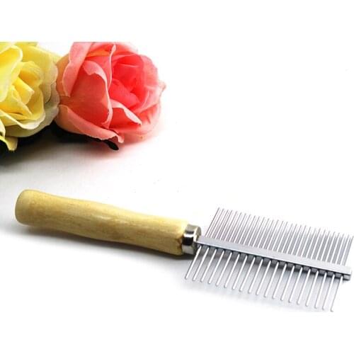 Pet Dog Cat Fur Double-sided Brush Wooden Handle Comb Stainless Steel Double-row Needle Stainless Steel Comb For Pet Grooming