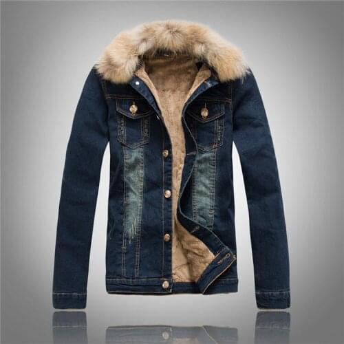 Denim Jacket Fur Collar Men Winter Jeans Jacket With Fur For Men Coat Fashion Bomber Jacket With Brown Faux Leanther Fleece
