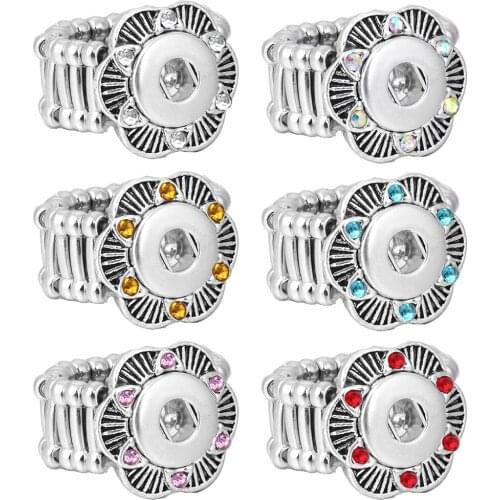 New Snaps Jewelry Rhinestone Flower 12mm Snap Ring Adjustable Elastic Antique Silver Color Button Ring for Women Mens Ring