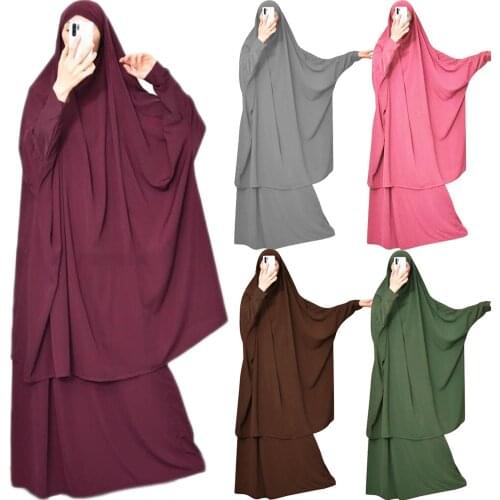 Ramadan 2PCS Muslim Prayer Garment Abaya Set Women Niqab Burka Saudi Arabia Hijab Long Khimar Ramadan Jilbab Skirts Worship Robe