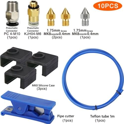 10pcs 3D Printer Kit Bowden Tubing for Creality Ender 3/3 V2/Pro Ende PC4-M6 Pneumatic Connectors Capricorn MK8 Nozzle PTFE Tube