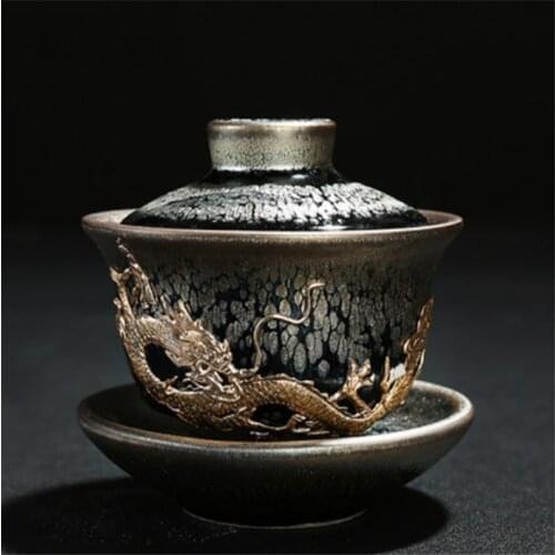 Creative Colored Glaze Ceramic Gaiwan with Lid Saucer Kit Vintage Drinkware Office Make Tea Black Tea Kettle for Birthday Gifts