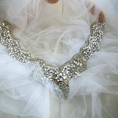 Sliver V Neck Rhinestone Applique Heavy Beads Motif Diamante Lace Patch Sewing On Bridal Wedding Ball Dress Gown