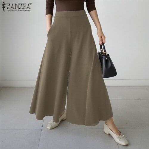 Summer Elegant Trousers Solid Wide Leg Pants Women ZANZEA 2021 Casual High Waist Zipper Long Pantalon Palazzo Oversized Turnip
