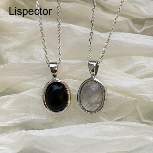 Lispector 925 Sterling Silver Black Agate Pendant Necklaces for Women Simple Oval White Crystal Necklace Birthday Stone Jewelry