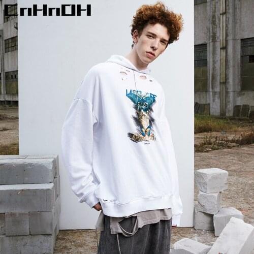 CnHnoH Chic Hiphop Fashion Pullover HOODIE Harajuku Style Butterfly Ripped Pullo Printed Hip-Hop Hoodie Couple Loose Hooded 9536