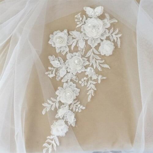 New Handmade Beading Luxury 3D Flower Mirror Flower Lace Patches Front Chest Wedding Dress Patches On Clothes V2660