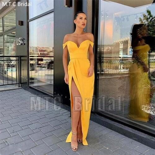 New Gold Sexy Evening Dress With Slit Off The Shoulder Elastic Satin Plus Size Wedding Party Dresses Wholesale Prom Gown Cheap
