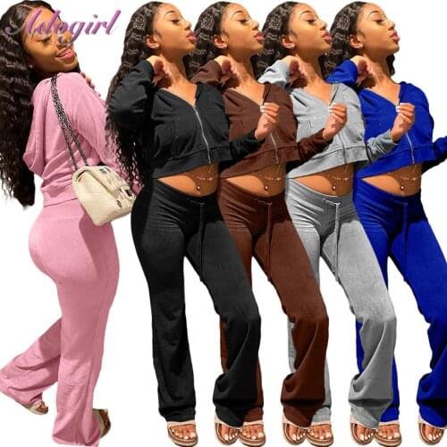 Solid Velvet Two Piece Set women autumn outfit jogger tracksuit casual zip long sleeve hooded jacket Flare Pants Sporty Suit