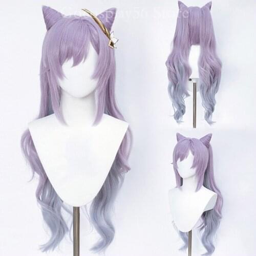 Genshin Impact Wig Keqing Cosplay Purple Long Curly Ponytails Ears Horns Pigtails Heat Resistant Women Halloween Free Wig Cap