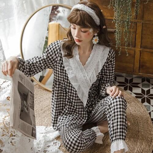 Maternity Pajamas Summer Nursing Long-sleeved Checks Pregnant Womens Pajamas With Thin Cotton Lace Breastfeeding Pajamas