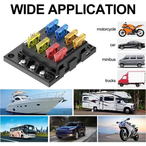 Plastic Cover Fuse Box Holder 12V 24V 32V 6-Way Fuse Block 12 Reset Blade Fuses 8 Heat Shrink Tube Wire Lugs