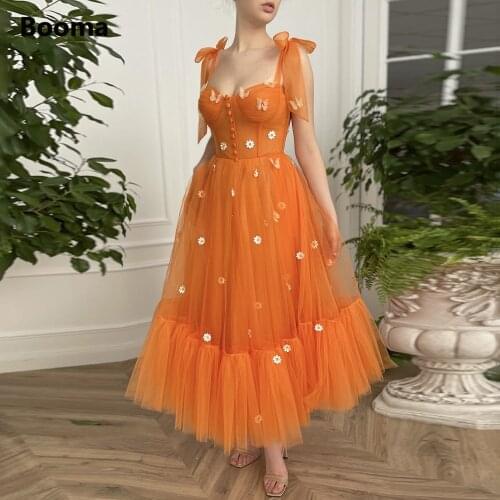 Booma Sweetheart Orange Tulle Prom Dresses Bow Straps Daisy Flowers Tea-Length Prom Gowns A-Line Midi Wedding Party Dresses