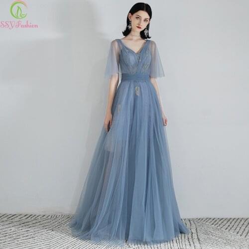 SSYFashion Special Occasion Dresses Banquet Elegant Grey Blue V-neck Lace Appliques Long Evening Formal Gowns Vestido De Noche