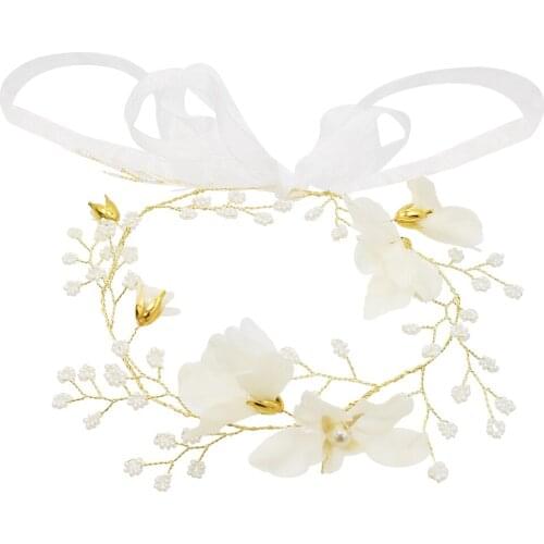 Romantic Yarn Flower Headbands for Women Bridal Gold Ribbon Pearl Crown Tiaras Headdress Engagement Wedding Hair Accessories