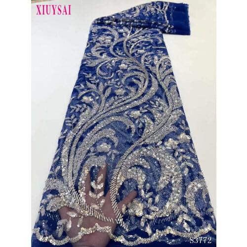 Purple Luxury Handmade Beaded French Lace Fabric 2021 Embroidery African Sequins Lace Fabrics With Beads Mesh For Wedding