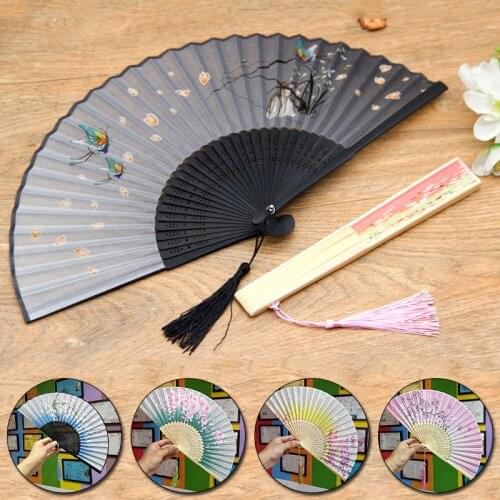 Folding Fan Cherry Classical Japanese Chinese Style Blossoms Fold Portable Tassel Bamboo Props Pattern Painting Hand Dance Fan