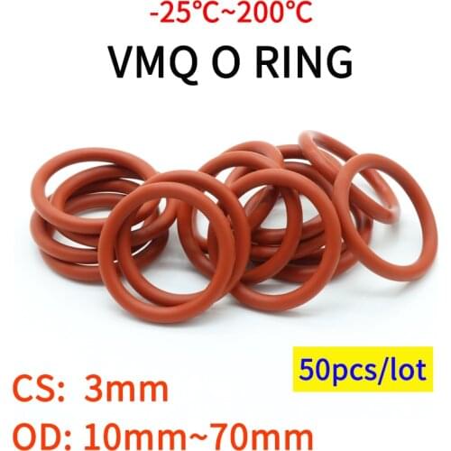 50pcs VMQ O Ring Seal Gasket Thickness CS 3mm OD 10 ~ 70mm Silicone Rubber Insulated Waterproof Washer Round Shape Nontoxi Red