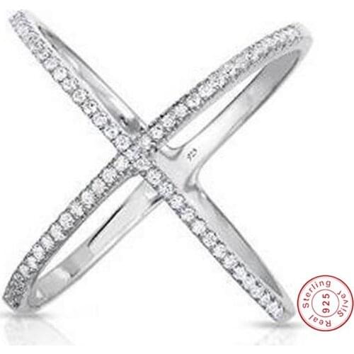 High quality rhodium rose gold authentic 925 sterling silver wide band X ring micro pave zircon criss cross ring for women