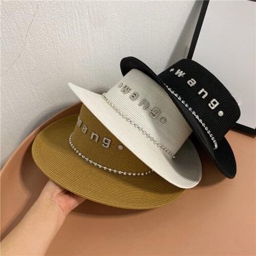 High-quality Hat Female Summer Flat Top Straw Hat UV Protection Sun Hat Korean Diamond Letters Beach Fedora Cap Fascinator Hats