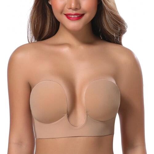 Women Deep Plunge Strapless Sticky Bra Underwire Push Up Adhesive Low V Wireless Padded Bralette