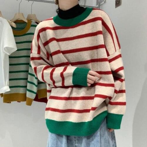 Zoki Striped Women Pullover Sweater Loose Casual O Neck Oversize Cute Jumper Japan Long Sleeve Fall Fashion 2021 Female Tops