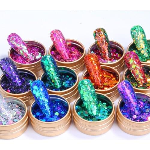 12Pcs/Set Gold Box Chameleon Glitter Nail Sequins Gel Polish Decoration Gradient Glitter Hexagon Mixed Flakes For Manicure Tips