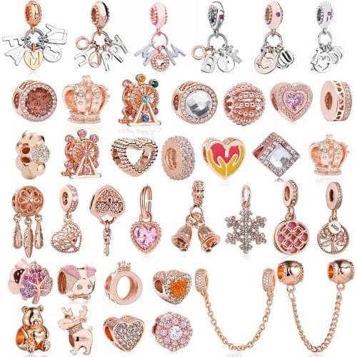 2Pcs/Lot Romantic Crystal FAMILY Love Pendant Charm Beads fit Original Brand Bracelets for Women DIY Jewelry Making Rose Gold