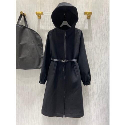 2021 Fall Winter Luxury Design Collection 65% Wool Hooded Office Style Gothic Black Belted Trench