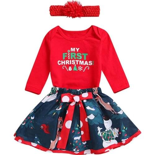 3Pcs My First Christmas Dress for Baby Girls Deer Snowman Santa Claus Forest Print Fancy Cospaly Outfits Toddler Red Party Dress