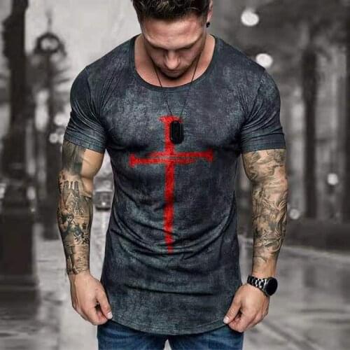 Men T Shirts Casual Short Sleeve Fashion O Neck Tops Vintage Cross Printing Loose Tees Shirt Mens T-shirt Streetwear Summer New