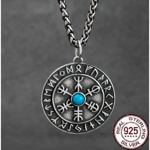 S925 Making Viking 24 Runes with Vikings Aegishjalmur with Natural turquoise and add a wood box as gift