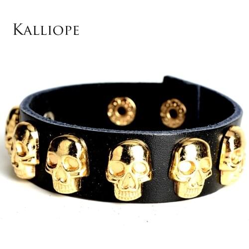 Fashion Gold-color skeleton punk style leather bracelet new charming bijoux wholesale gift for male
