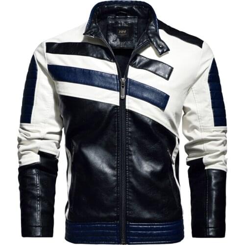 Autumn Winter Racing Motorcycle Jacket Mens Fashion Color Block Patchwork Warm Fleece Biker Leather Jacket Vintage Outwear
