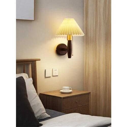 American Design Warm Walnut Copper Wall Lamp with Pull Switch Led E27 Pleated Lampshade Bedroom Bedside Princess/Girls Room cafe