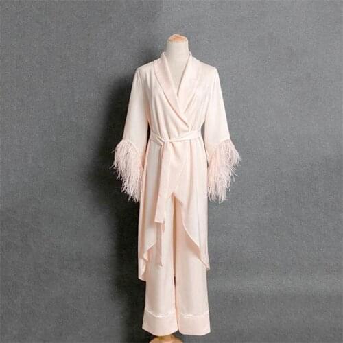 2 Pcs Night Robes Long Sleeve Feathers Wrap Women Sleepwear Nightgown Robes with Belt Jacket Pants