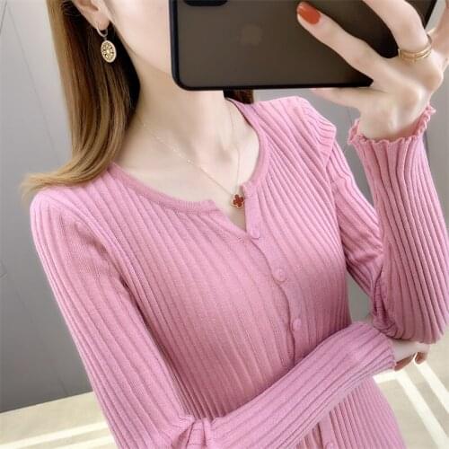 The new spring and summer Sweater women with thin solid color knit elastic cultivateLadies Cardigan Slim fit and high elastici