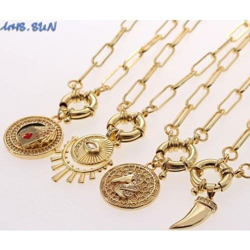 MHS.SUN Gold Color Women/Men Chunky Chain Necklace With Zircon Eye/Card Charm Pendant Necklace Trendy Jewelry For Party 1Pc