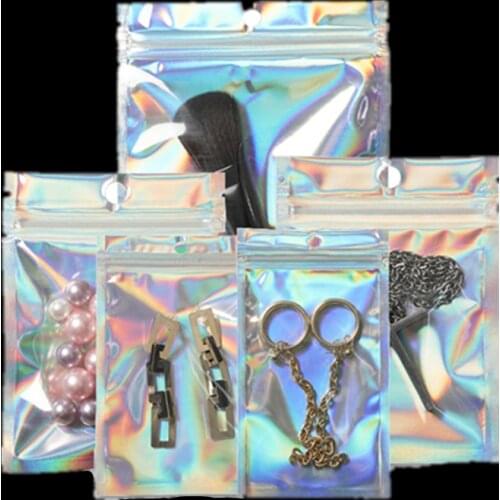 10PCs Laser Ziplock Bag Cosmetic Packaging Self Sealing Gift Bag Clear Holographic Jewelry Thick Aluminum Foil Zip Lock Bags