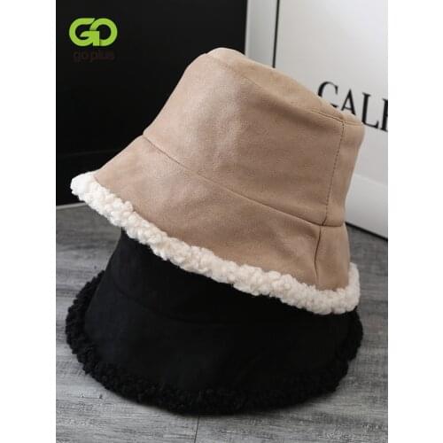 GOPLUS Bucket Hat Cap Women Bucket Hats Solid Pure Winter Keep Warm Ladies Fashion Two Side Black Hat Casquette Lambswool C11252
