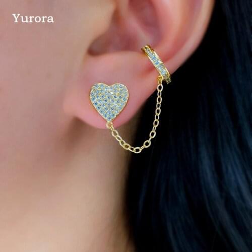 Charms Love Heart Asymmetrical Earrings Gold Plated Love Heart Ear Cuff Ear Tiny Gold Fringe Chain Bohemian Unusual Earrings CZ