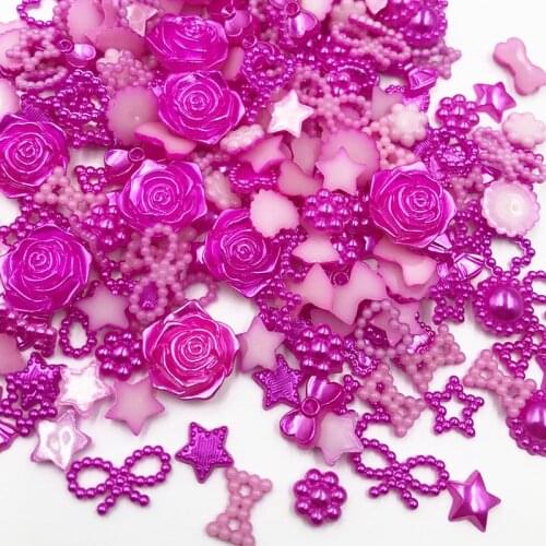50/100pcs fushia ABS Resin Half Round flower Bow Alien Pearls For Art Flatback Non Hotfix Rhinestones Pearl Shoes Beads DIY